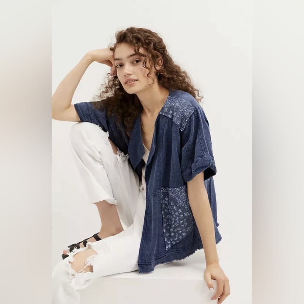Pilcro Anthropologie Oversized Patchwork Denim Kimono Jacket Indigo Medium M6